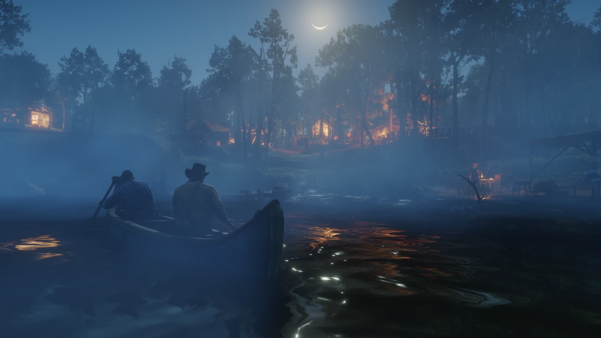 Nächtlicher Fluss mit Kanu und brennenden Lagerfeuern am Ufer